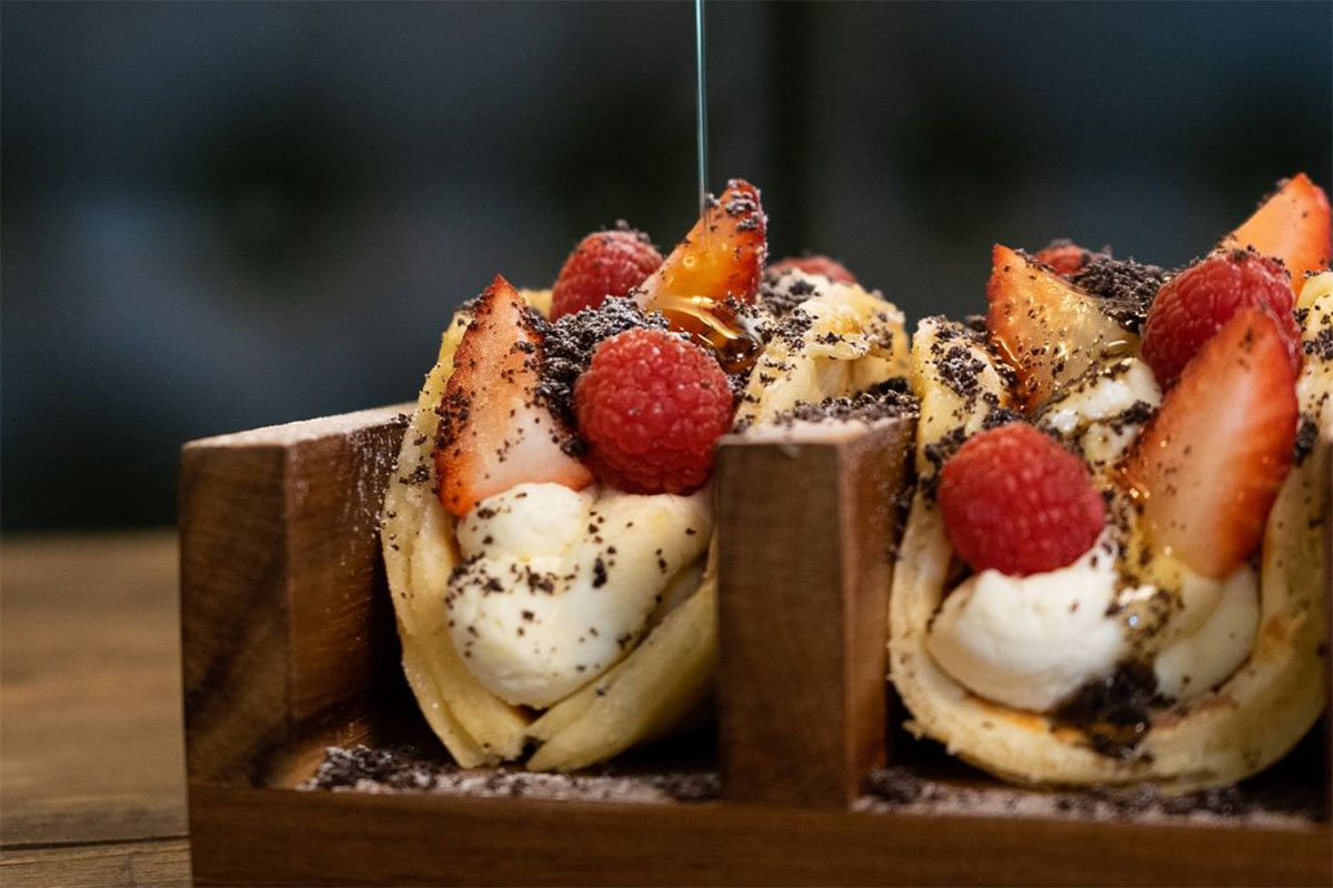 Pancake tacos, 3 buttermilk mini pancakes served with vanilla mascarpone, raspberries, strawberries and an Oreo crumble, Chut & Co. (image supplied)